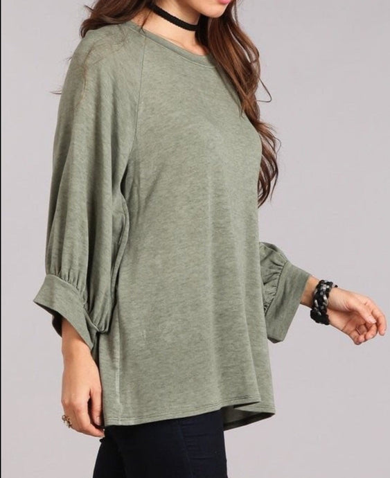 Olive Balloon Sleeve Blouse