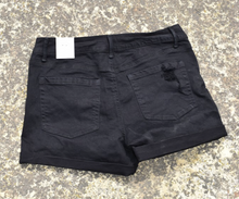 Load image into Gallery viewer, Distressed Black Denim Shorts