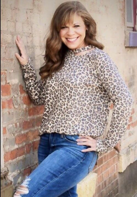 Leopard Cold Shoulder Cut Out Long Sleeve Blouse Top